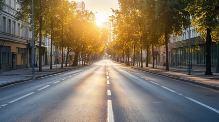 Empty street in the city with sunrise in the background.