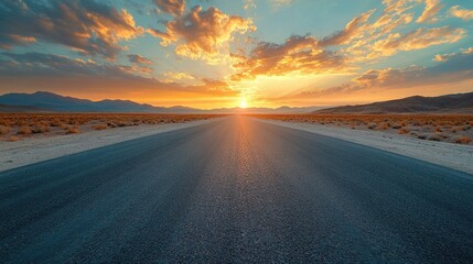 A long, straight asphalt road leads towards a breathtaking sunset over a desert landscape.