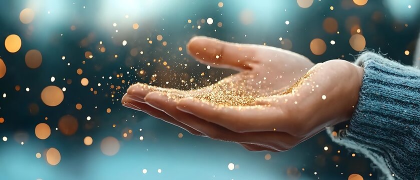Ethereal sparkles and glitter emanating from cupped human hands radiating a sense of magic wonder and spiritual enlightenment  The image evokes a feeling of tranquility grace