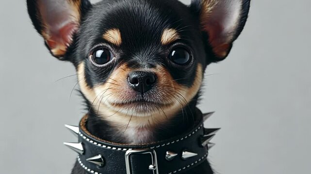 A small black chihuahua with a spiked collar looks directly at the camera