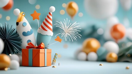 Vibrant winter holiday scene featuring a gift box colorful fireworks Christmas ornaments tinsel and other festive against a snowy background  Capturing the joy and excitement of the holiday season