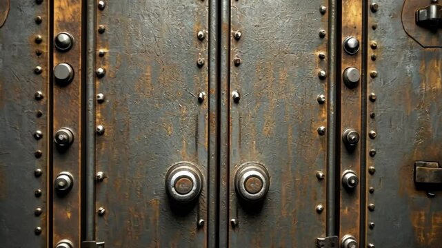 A close-up shot of a rusty metal vault door with two large knobs and several smaller locks