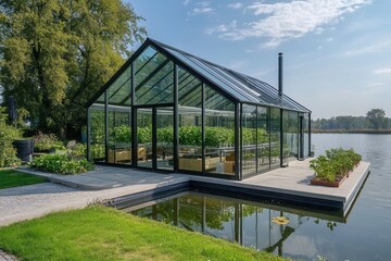 Fototapeta premium Modern Glass Greenhouse by Tranquil Lake Surrounded by Greenery and Landscape, Perfect for Sustainable Gardening and Plant Cultivation in a Natural Setting
