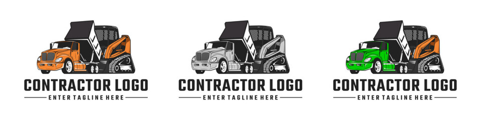 Obraz premium contractor logo design, skid steer vector logo design, dump truck, illustration, transportation, excavation and transportation of building materials, truck, industry 