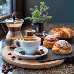 Rustic Coffee Bar Featuring a Freshly Brewed Espresso, Artisan Gluten-Free Pastries, and a Variety of Organic Condiments for a Cozy and Relaxing Morning Break