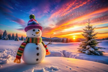 Cheerful Snowman in a Winter Wonderland at Sunset with Copy Space for Text, Perfect for Holiday Greetings and Seasonal Designs