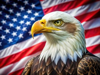 Close-up Portrait of a Bald Eagle Majestically Displayed Against the American Flag, Symbolizing Freedom and Strength in Nature Photography