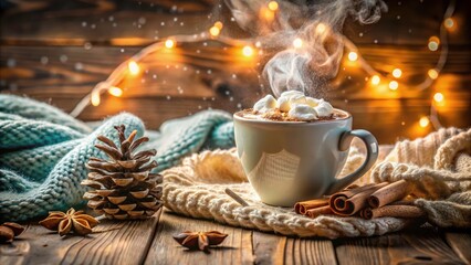 Fototapeta premium Cozy Hot Chocolate Moment with Marshmallows and Steam Swirls in a Peaceful Winter Beverage Scene, Ideal for Seasonal Celebrations and Warm Comforting Vibes