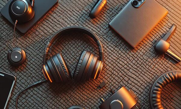 A flat lay of audio equipment, including headphones, smartphone, and accessories.