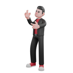 Cartoon Dance Artist in 3D. a male choreographer stands while his left hand forms a gun with a serious expression. Choreographer Character