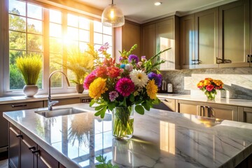 Elegant Kitchen Silhouette with Marble Countertop and Vibrant Floral Arrangement - Modern Interior Decor, Stylish Design, Home Aesthetics, Kitchen Inspiration, Luxury Living