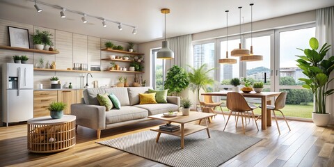 Fototapeta premium Elegant Scandinavian Style Condo Interior in Upscale Neighborhood with Minimalist Decor and Natural Light