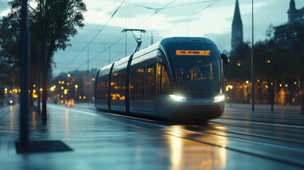 Obraz premium Modern Tram in City Evening