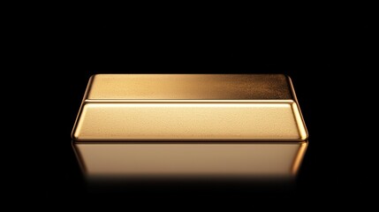 A shiny gold ingot rests on a reflective surface, showcasing its smooth edges and lustrous finish against a black background.