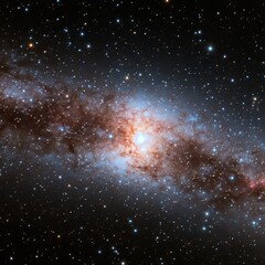 Naklejka premium A stunning view of the Andromeda Galaxy, a spiral galaxy located about 2.5 million light-years from Earth, featuring a bright core and swirling dust lanes.