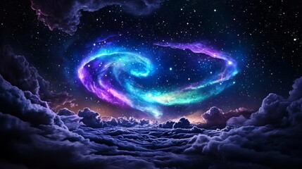 Fototapeta premium Cosmic Nebula Swirl Above Cloudscape Night Sky Fantasy