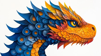 Majestic Fantasy Dragon Blue Orange Red Scales Detailed Portrait
