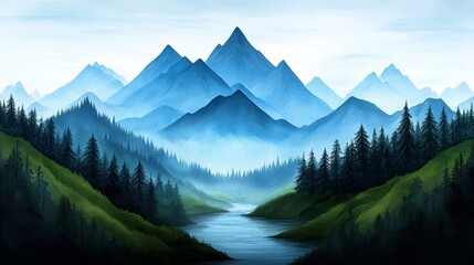 Serene Blue Mountains Landscape Misty Peaks River Forest Nature Scene