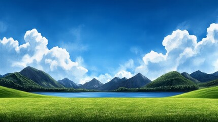Obraz premium Serene Landscape Mountains Lake Green Field Blue Sky Clouds
