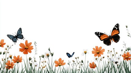 Spring Meadow with Butterflies Orange Cosmos Flowers Nature Scene