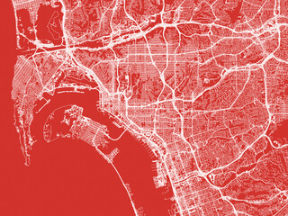 Christmas Map of San Diego California, USA in Snowy White on Festive Red Background.