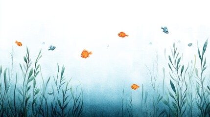 Serene Underwater Scene Watercolor Fish Aquatic Plants Ocean Life