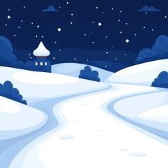 A winding snowy path leads to a small house under a starry night sky.