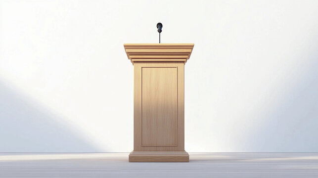 Simple wood podium in a shadowy room with microphone puplic speaking speech political background for politics or election concept