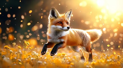 Obraz premium Red Fox Leaping Through Golden Meadow Sunset