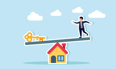 Fototapeta premium A board sits atop a house like a seesaw with a businessman on one end and a key on the other, illustration of a solution to balance business property assets