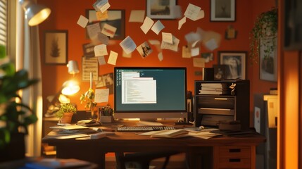 Home Office with Flying Papers
