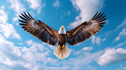 Naklejka premium Majestic Bald Eagle Soaring High in a Blue Sky with Fluffy Clouds