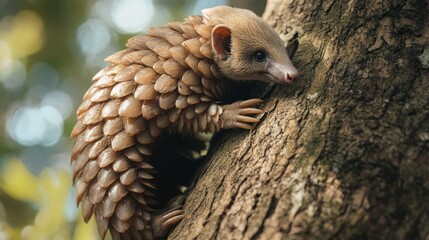 Fototapeta premium A pangolin climbs a tree trunk, its scales visible.