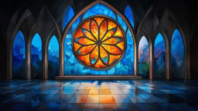 Majestic Gothic Hall with Stained Glass Rose Window Blue Hues Architecture Background