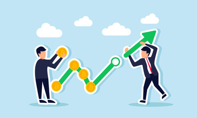 Businessmen collaborate to arrange a rising green chart with a bitcoin symbol, illustration of teamwork in boosting bitcoin valuation and asset growth