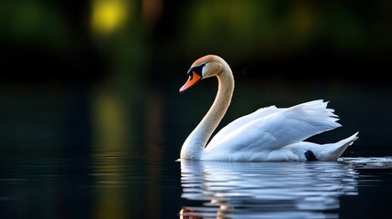 Fototapeta premium Elegant White Swan Swimming on Calm Lake at Sunset Wildlife Photography