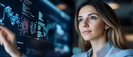 Businesswoman in dark office environment studying and analyzing futuristic digital analytics dashboard interface with charts graphs and data visualization on glowing screen
