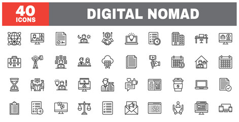 Set of 40 line icons digital nomad. Outline icon collection. Editable stroke. Vector illustration.