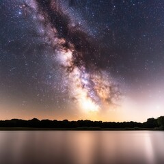 Fototapeta premium Milky Way galaxy reflected in a still lake at night.