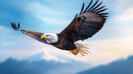 Naklejka premium Majestic Bald Eagle in Flight Soaring Above Mountains