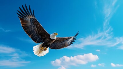 Obraz premium Majestic Bald Eagle Soaring High in Blue Sky with Clouds