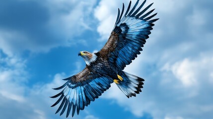 Obraz premium Majestic Eagle in Flight Blue Wings Sky Clouds Background