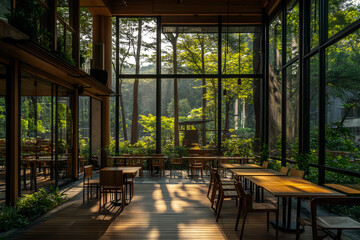 Fototapeta premium Stylish, superb view, forest restaurant, forest cafe.
