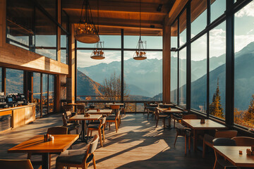 Fototapeta premium Stylish, superb view, mountaintop restaurant, mountaintop cafe.