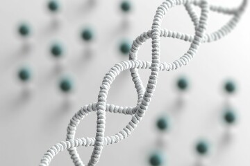 biotechnology and genetics concept, A close-up of a DNA double helix structure intertwined with lighter spheres, symbolizing genetics and molecular science.