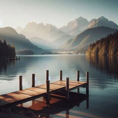 Fototapeta premium Calm lakeside scene with a wooden pier and mountains in the background