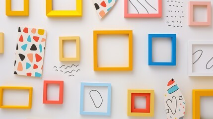 Colorful Geometric Frames Arranged in a Creative Composition on a White Wall, Ideal for Showcasing Art and Photography in a Modern Space