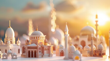 3D models depicting diverse religious beliefs against a softly blurred place of worship, Signifying unity in spiritual diversity, photography style
