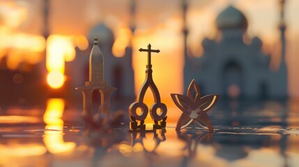 3D models depicting diverse religious beliefs against a softly blurred place of worship, Signifying unity in spiritual diversity, photography style