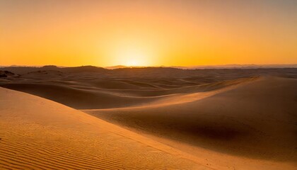 Vivid Sunset Over a Vast Desert Landscape, With Sand Dunes Rolling Into the Distance and Shadows Stretching Across the Golden Sands, Under a Deep Orange Sky